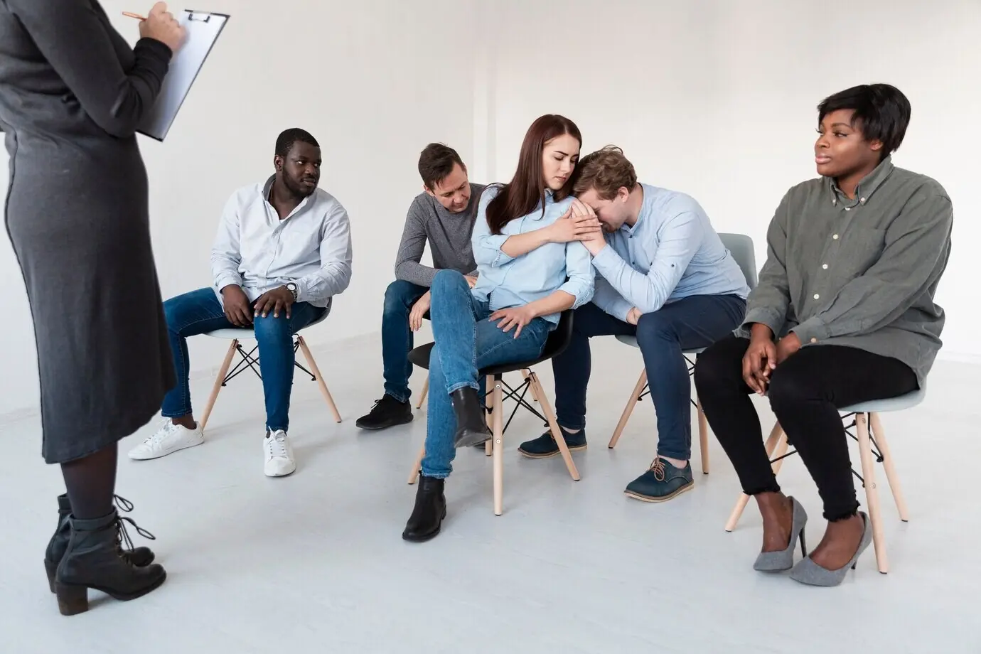 Женщина-врач, стоящая перед пациентами